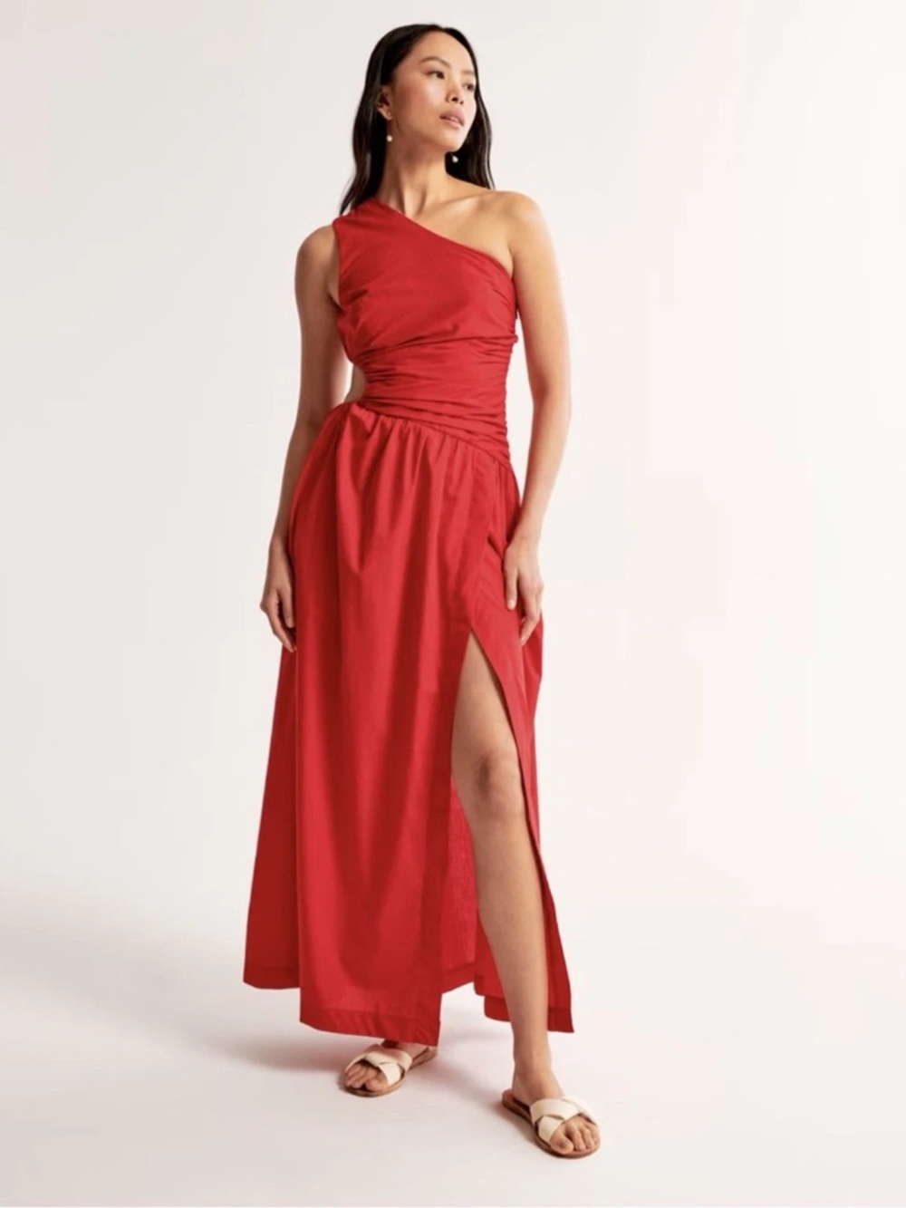 ABERCROMBIE & FITCH Red One-Shoulder Ruched Cut Out Maxi Dress Size Small